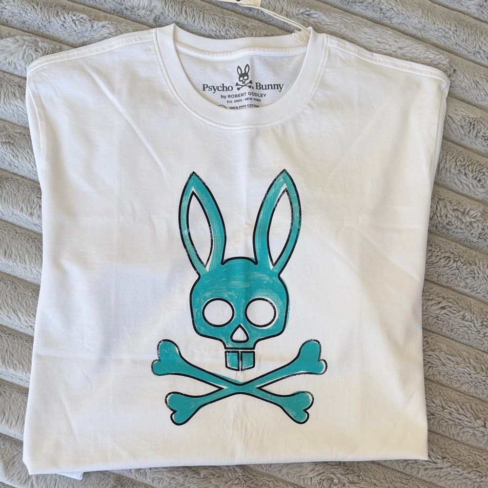 Psycho Bunny White Tee with Teal Bunny Skull Graphic